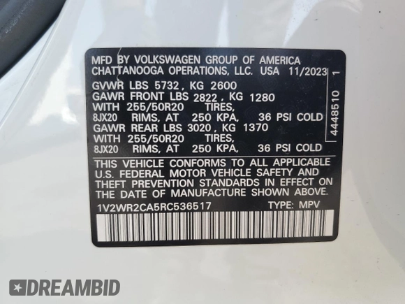 2024 Volkswagen Atlas SE with VIN 1V2WR2CA5RC536517, listed as a Copart auction lot 63795655 with 37,003 mi miles and Clean title. Bid and sale history available at DreamBid. Image 13.