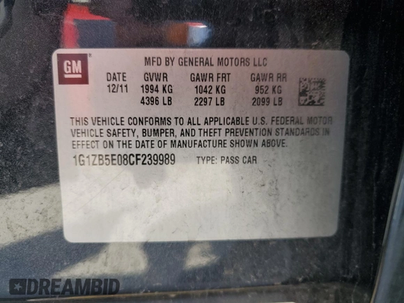 2012 Chevrolet Malibu 1LS with VIN 1G1ZB5E08CF239989, listed as a Copart auction lot 51359745 with 146,072 mi miles and Salvage Title. Bid and sale history available at DreamBid. Image 13.