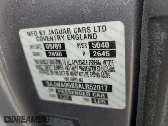 2010 Jaguar XF Premium Luxury with VIN SAJWA0GB8ALR52017, listed as a Copart auction lot 56229855 with 80,957 mi miles and Salvage title. Bid and sale history available at DreamBid. Image 12.