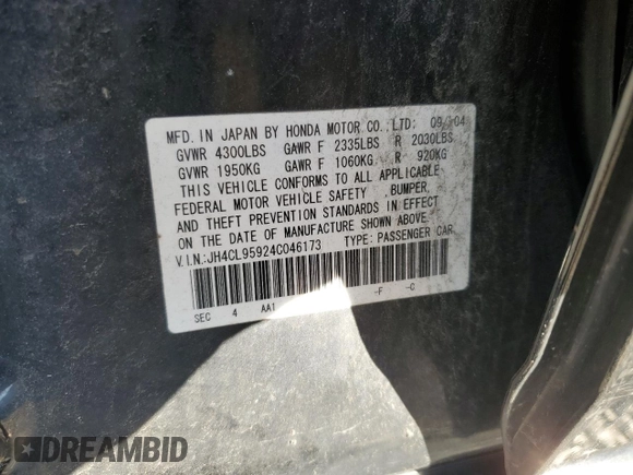 2004 Acura TSX w/Navigation with VIN JH4CL95924C046173, listed as a Copart auction lot 76322884 with 274,359 mi miles and Salvage title. Bid and sale history available at DreamBid. Image 13.