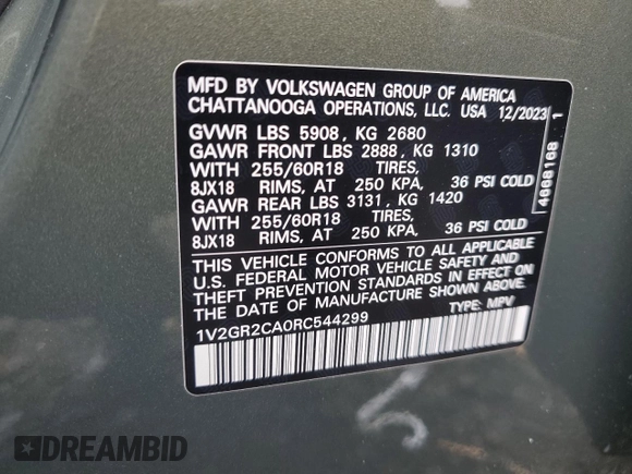 2024 Volkswagen Atlas Peak Edition SEL with VIN 1V2GR2CA0RC544299, listed as a Copart auction lot 52903134 with Not provided miles and Salvage title. Bid and sale history available at DreamBid. Image 13.