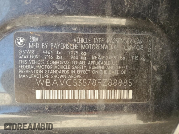 2008 BMW 3 Series 328i with VIN WBAVC53578FZ88885, listed as a Copart auction lot 51967275 with 136,934 mi miles and Salvage title. Bid and sale history available at DreamBid. Image 14.