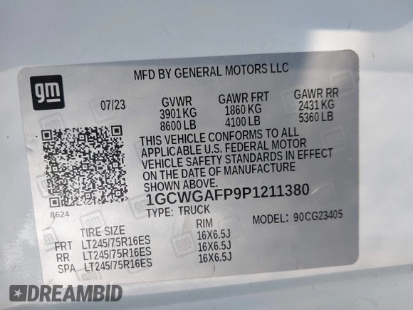 2023 Chevrolet Express Cargo with VIN 1GCWGAFP9P1211380, listed as a IAAI auction lot 42654475 with 58,429 mi miles and . Bid and sale history available at DreamBid. Image 9.