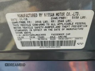 2018 Infiniti Q50 Luxe with VIN JN1EV7AR8JM443555, listed as a Copart auction lot 59691455 with 65,615 mi miles and Salvage title. Bid and sale history available at DreamBid. Image 12.