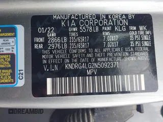 2022 Kia Sorento S with VIN KNDRG4LG2N5092371, listed as a IAAI auction lot 42470723 with 74,541 mi miles and . Bid and sale history available at DreamBid. Image 9.