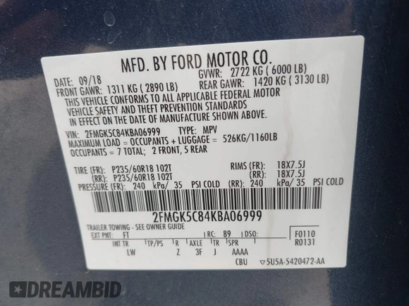 2019 Ford Flex SEL with VIN 2FMGK5C84KBA06999, listed as a IAAI auction lot 41932845 with 52,604 mi miles. Bid and sale history available at carsss.com. Image 9.