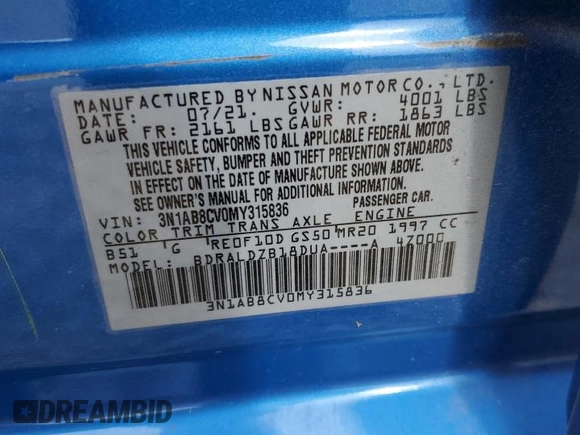 2021 Nissan Sentra SV z VIN 3N1AB8CV0MY315836, wystawiony jako Copart lot #55350885 z przebiegiem 92 147 mil mil oraz Szkoda całkowita • Salvage title. Historia ofert i sprzedaży dostępna na DreamBid. Obrazek 12.