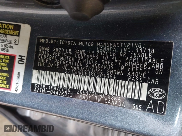 2019 Toyota Corolla L with VIN 2T1BURHE1KC204994, listed as a IAAI auction lot 41896042 with 50,097 mi miles and . Bid and sale history available at DreamBid. Image 9.