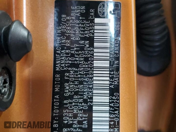 2009 Toyota Matrix S с VIN 2T1KE40E89C020769, выставлен на аукционе Copart как лот 62018885 с пробегом 238 462 миль миль и Чистый • Clean title. История ставок и продаж доступна на DreamBid. Изображение 13.