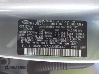 2020 Hyundai Kona SE with VIN KM8K1CAA0LU483447, listed as a IAAI auction lot 41866272 with 89,708 mi miles and . Bid and sale history available at carsss.com. Image 9.