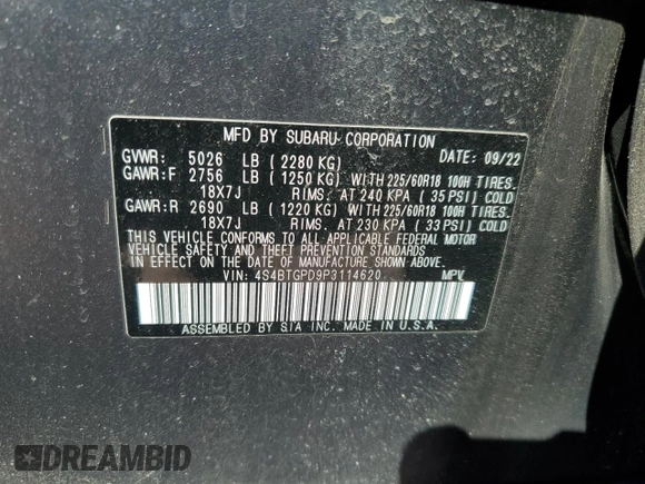 2023 Subaru Outback Touring XT with VIN 4S4BTGPD9P3114620, listed as a Copart auction lot 48761815 with 20,046 mi miles and Salvage title. Bid and sale history available at DreamBid. Image 12.