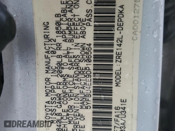 2013 Toyota Corolla L with VIN 5YFBU4EE9DP106564, listed as a Copart auction lot 63127244 with 197,699 mi miles and Clean Title. Bid and sale history available at DreamBid. Image 13.