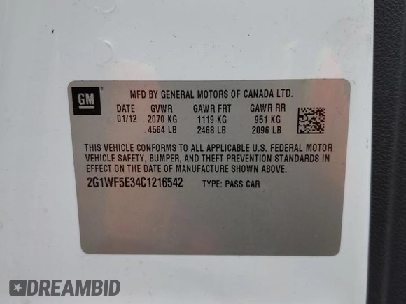 2012 Chevrolet Impala LS Fleet with VIN 2G1WF5E34C1216542, listed as a Copart auction lot 55216385 with 215,674 mi miles and Salvage Title. Bid and sale history available at DreamBid. Image 12.