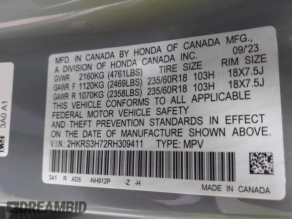 2024 Honda CR-V EX-L with VIN 2HKRS3H72RH309411, listed as a IAAI auction lot 41648194 with 15,315 mi miles and . Bid and sale history available at DreamBid. Image 9.