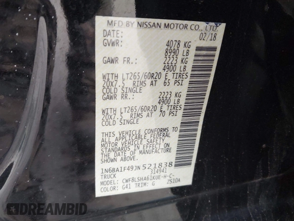 2018 Nissan Titan XD SV with VIN 1N6BA1F49JN521838, listed as a IAAI auction lot 41606878 with 143,742 mi miles. Bid and sale history available at carsss.com. Image 9.