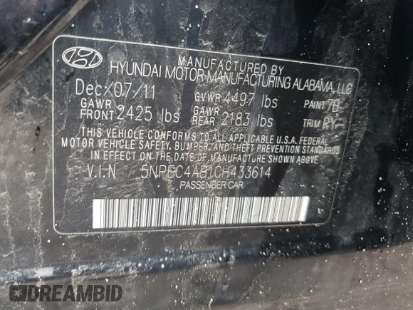 2012 Hyundai Sonata SE with VIN 5NPEC4AB1CH433614, listed as a Copart auction lot 52030405 with 192,023 mi miles and Salvage Title. Bid and sale history available at carsss.com. Image 12.