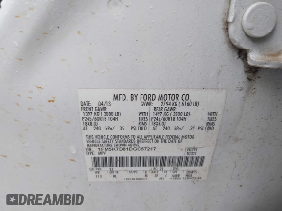 2013 Ford Explorer XLT с VIN 1FM5K7D81DGC57217, выставлен на аукционе IAAI как лот 42524821 с пробегом 231 509 миль миль и . История ставок и продаж доступна на DreamBid. Изображение 9.