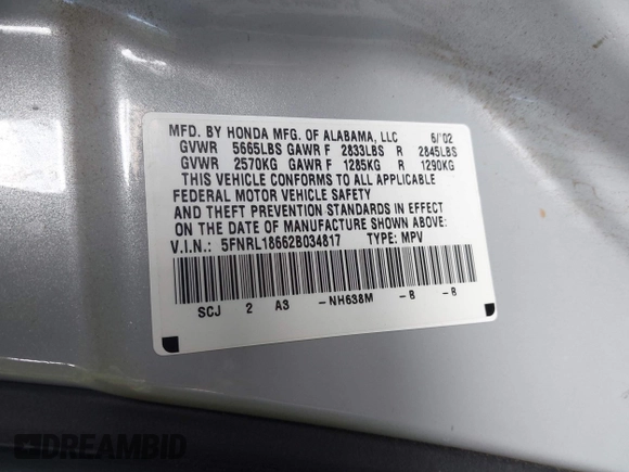 2002 Honda Odyssey EX with VIN 5FNRL18662B034817, listed as a IAAI auction lot 42359186 with 209,348 mi miles and . Bid and sale history available at DreamBid. Image 9.