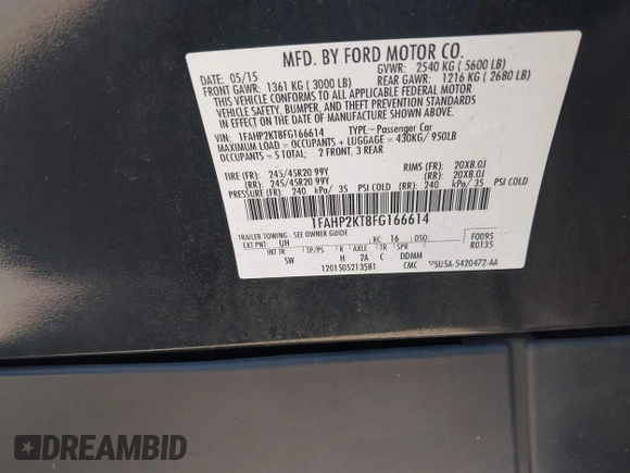 2015 Ford Taurus SHO with VIN 1FAHP2KT8FG166614, listed as a IAAI auction lot 42613481 with 97,361 mi miles and . Bid and sale history available at DreamBid. Image 9.
