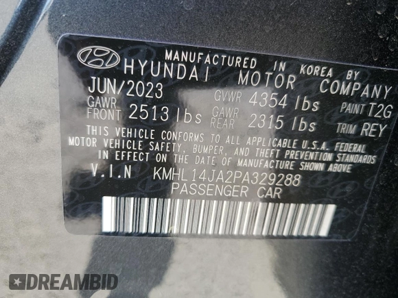 2023 Hyundai Sonata SEL с VIN KMHL14JA2PA329288, выставлен на аукционе Copart как лот 50360445 с пробегом 29 067 миль миль и Списание • Salvage title. История ставок и продаж доступна на DreamBid. Изображение 15.
