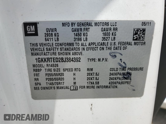 2011 GMC Acadia Denali with VIN 1GKKRTED2BJ384392, listed as a Copart auction lot 53632125 with 162,385 mi miles and Salvage Title. Bid and sale history available at DreamBid. Image 15.