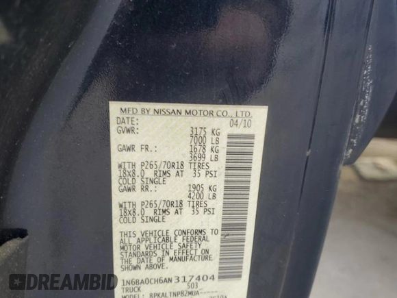 2010 Nissan Titan SE with VIN 1N6BA0CH6AN317404, listed as a Copart auction lot 85713834 with 152,839 mi miles and Clean Title. Bid and sale history available at carsss.com. Image 14.