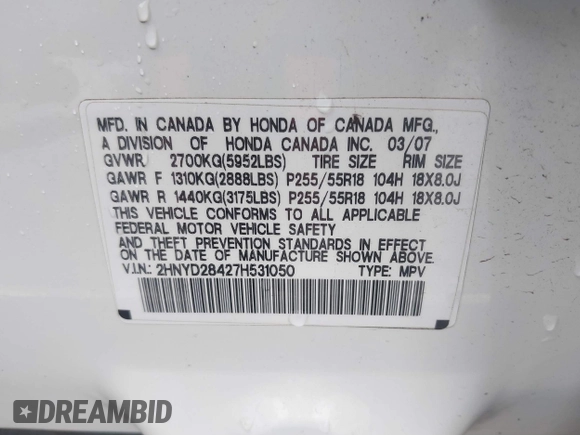 2007 Acura MDX Technology with VIN 2HNYD28427H531050, listed as a IAAI auction lot 41506081 with 176,807 mi miles and . Bid and sale history available at DreamBid. Image 9.