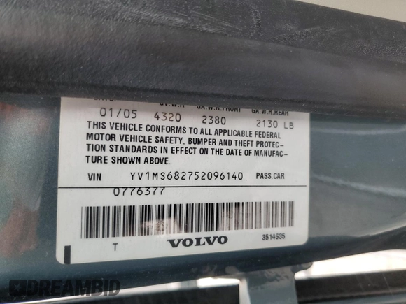 2005 Volvo S40 with VIN YV1MS682752096140, listed as a Copart auction lot 53335395 with 53,514 mi miles and Clean Title. Bid and sale history available at carsss.com. Image 12.