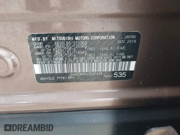 2020 Mitsubishi Eclipse Cross ES z VIN JA4AS3AAXLZ021438, wystawiony jako IAAI lot #41900181 z przebiegiem 91 306 mil mil oraz . Historia ofert i sprzedaży dostępna na DreamBid. Obrazek 9.