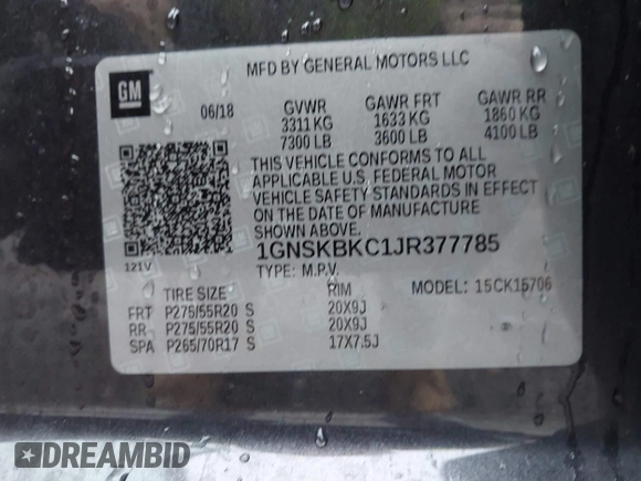 2018 Chevrolet Tahoe LT с VIN 1GNSKBKC1JR377785, выставлен на аукционе IAAI как лот 41950896 с пробегом 102 204 миль миль и . История ставок и продаж доступна на DreamBid. Изображение 9.