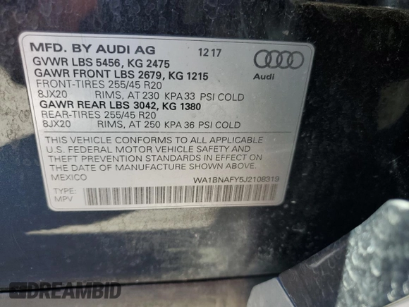 2018 Audi Q5 Premium Plus with VIN WA1BNAFY5J2108319, listed as a Copart auction lot 50531245 with 80,027 mi miles and Salvage Title. Bid and sale history available at carsss.com. Image 13.