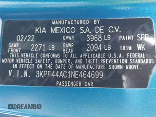 2022 Kia Forte GT with VIN 3KPF44AC1NE464699, listed as a IAAI auction lot 40966852 with 51,562 mi miles. Bid and sale history available at carsss.com. Image 9.