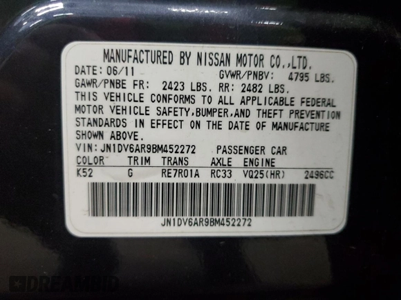 2011 Infiniti G25 x with VIN JN1DV6AR9BM452272, listed as a Copart auction lot 56738105 with 190,056 mi miles and Salvage title. Bid and sale history available at DreamBid. Image 12.