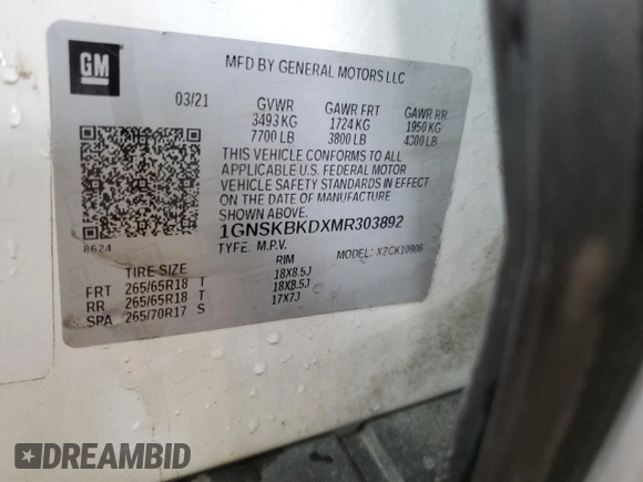 2021 Chevrolet Suburban LS with VIN 1GNSKBKDXMR303892, listed as a Copart auction lot 60840085 with 385,639 mi miles and Clean title. Bid and sale history available at DreamBid. Image 13.