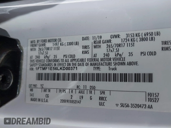 2020 Ford F-150 XL with VIN 1FTMF1E56LKD00371, listed as a IAAI auction lot 42096059 with 86,280 mi miles and . Bid and sale history available at DreamBid. Image 9.