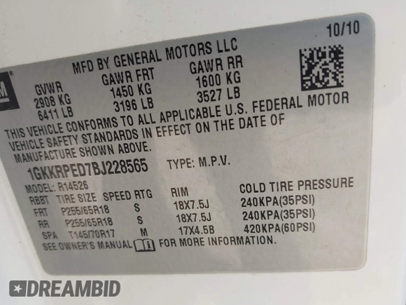 2011 GMC Acadia SLE with VIN 1GKKRPED7BJ228565, listed as a IAAI auction lot 42107626 with 117,670 mi miles and . Bid and sale history available at DreamBid. Image 9.