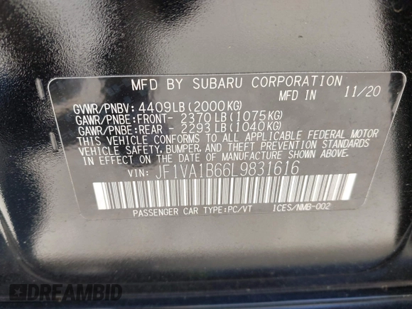 2020 Subaru WRX Premium with VIN JF1VA1B66L9831616, listed as a IAAI auction lot 41654561 with 36,752 mi miles. Bid and sale history available at carsss.com. Image 9.
