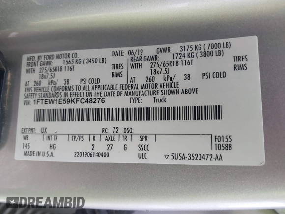 2019 Ford F-150 XL with VIN 1FTEW1E59KFC48276, listed as a IAAI auction lot 41498967 with 162,638 mi miles. Bid and sale history available at carsss.com. Image 9.