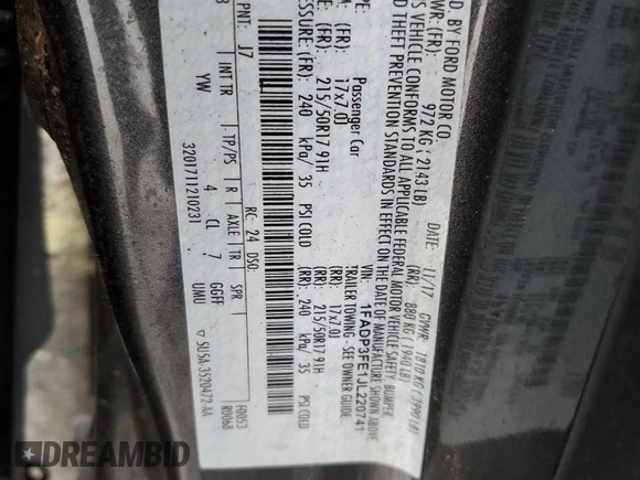 2018 Ford Focus SE z VIN 1FADP3FE1JL220741, wystawiony jako Copart lot #53755735 z przebiegiem Nie podano mil oraz Czysty tytuł • Clean title. Historia ofert i sprzedaży dostępna na DreamBid. Obrazek 12.