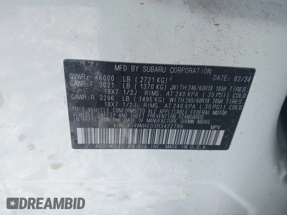 2024 Subaru Ascent Premium with VIN 4S4WMAED3R3422786, listed as a IAAI auction lot 41547892 with 18,021 mi miles and . Bid and sale history available at DreamBid. Image 9.