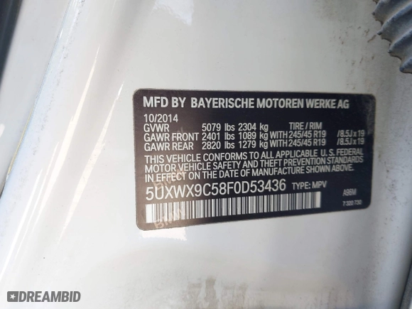 2015 BMW X3 xDrive28i with VIN 5UXWX9C58F0D53436, listed as a IAAI auction lot 41878069 with 143,587 mi miles. Bid and sale history available at carsss.com. Image 9.