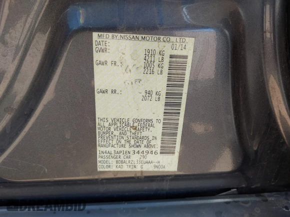 2014 Nissan Altima 2.5 S with VIN 1N4AL3AP1EN344946, listed as a IAAI auction lot 41796342 with 145,426 mi miles. Bid and sale history available at carsss.com. Image 9.