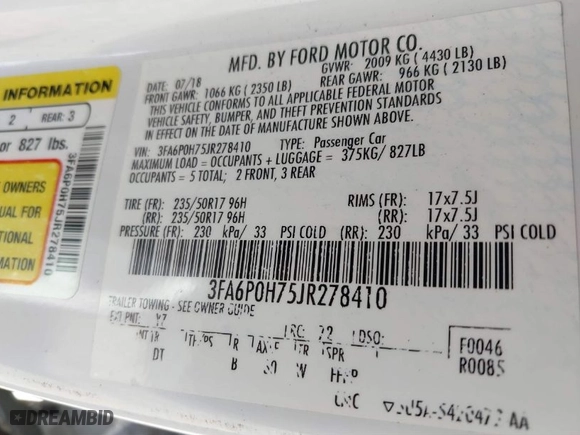 2018 Ford Fusion SE with VIN 3FA6P0H75JR278410, listed as a IAAI auction lot 41829129 with 135,404 mi miles. Bid and sale history available at carsss.com. Image 9.