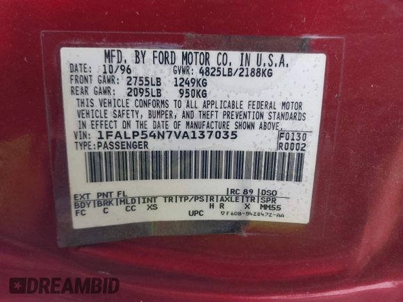 1997 Ford Taurus z VIN 1FALP54N7VA137035, wystawiony jako IAAI lot #41778551 z przebiegiem 137 025 mil mil oraz . Historia ofert i sprzedaży dostępna na DreamBid. Obrazek 9.