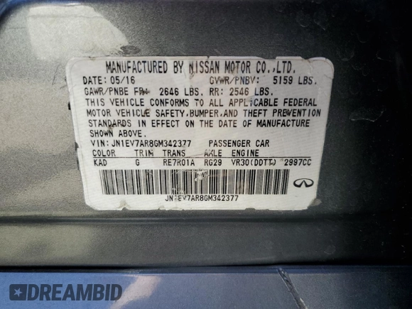 2016 Infiniti Q50 Premium with VIN JN1EV7AR8GM342377, listed as a Copart auction lot 50598545 with 91,556 mi miles and Salvage Title. Bid and sale history available at DreamBid. Image 12.