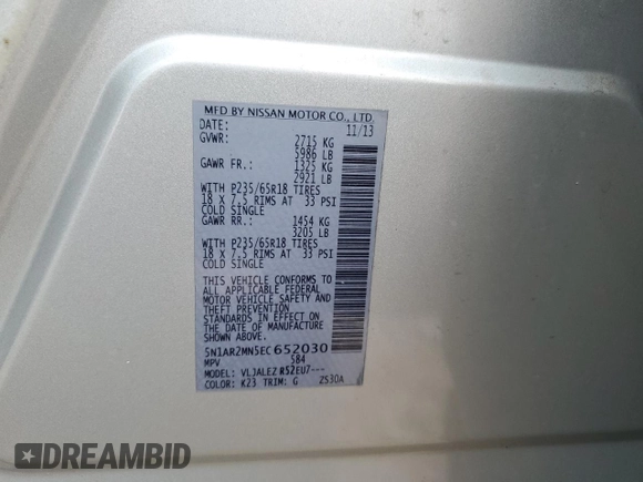 2014 Nissan Pathfinder SL with VIN 5N1AR2MN5EC652030, listed as a Copart auction lot 59732545 with 112,831 mi miles and Salvage title. Bid and sale history available at DreamBid. Image 13.