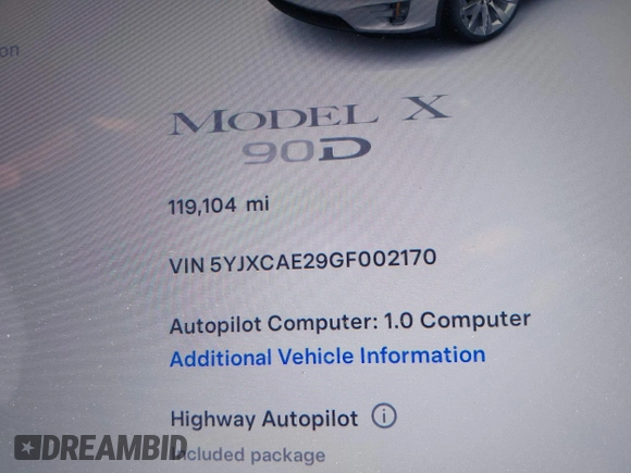 2016 Tesla Model X 70D z VIN 5YJXCAE29GF002170, wystawiony jako IAAI lot #42334842 z przebiegiem 119 104 mil mil oraz . Historia ofert i sprzedaży dostępna na DreamBid. Obrazek 7.