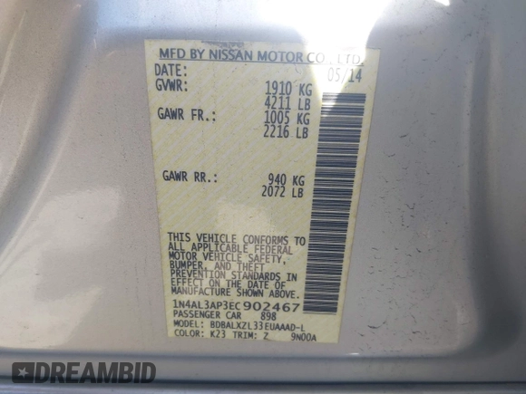 2014 Nissan Altima 2.5 with VIN 1N4AL3AP3EC902467, listed as a IAAI auction lot 41834057 with 161,150 mi miles and . Bid and sale history available at DreamBid. Image 9.