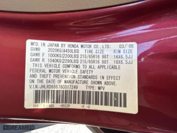 2006 Honda CR-V EX with VIN JHLRD68876C017249, listed as a Copart auction lot 52216045 with 204,819 mi miles and Clean Title. Bid and sale history available at carsss.com. Image 10.