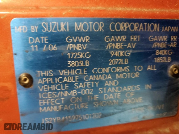 2007 Suzuki SX4 with VIN JS2YB415975101202, listed as a Copart auction lot 88231965 with 135,268 mi miles and Salvage Title. Bid and sale history available at DreamBid. Image 12.